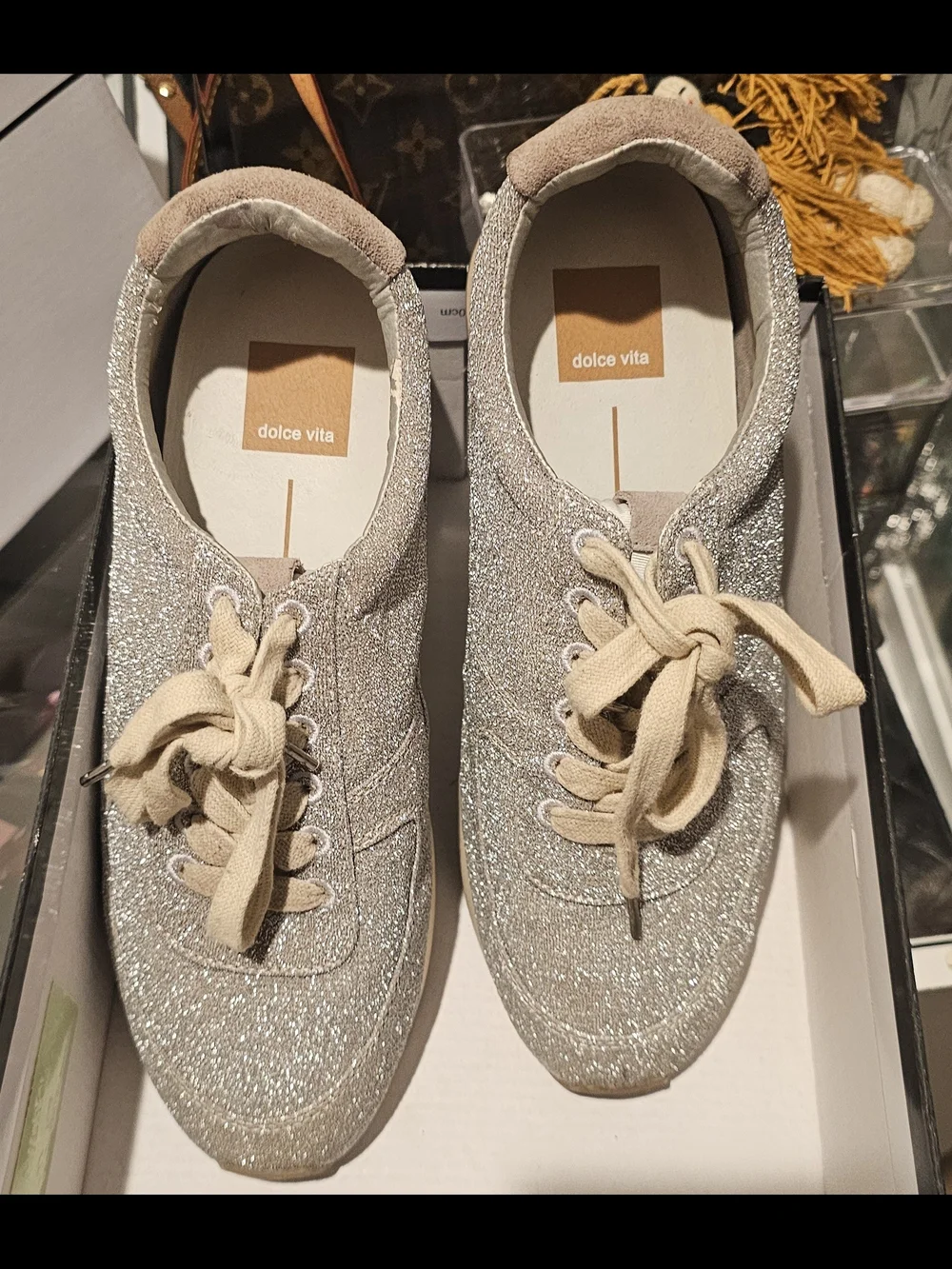 Dolce Vita Silver Glitter Lace-Up Sneakers with Cream Laces
